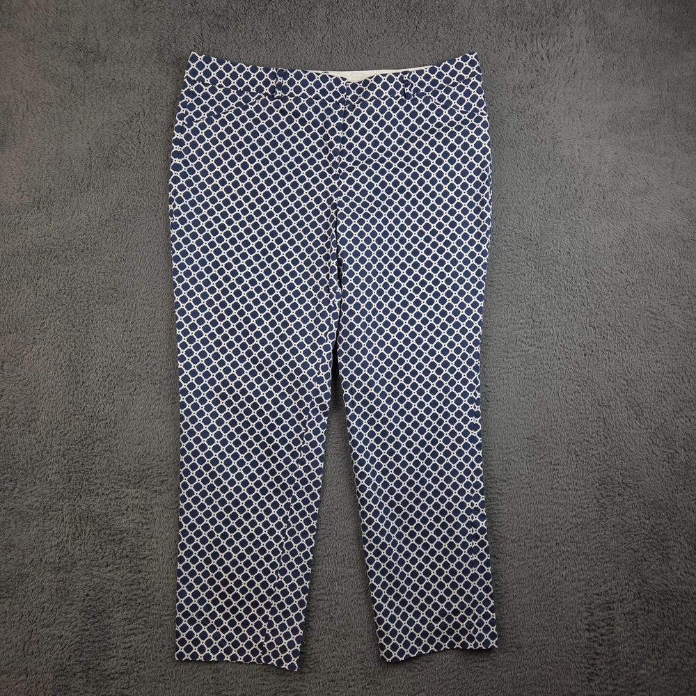 Zac & Rachel Women's Ankle Pants 14 White Navy Blue Geometric Print‎ Stretch